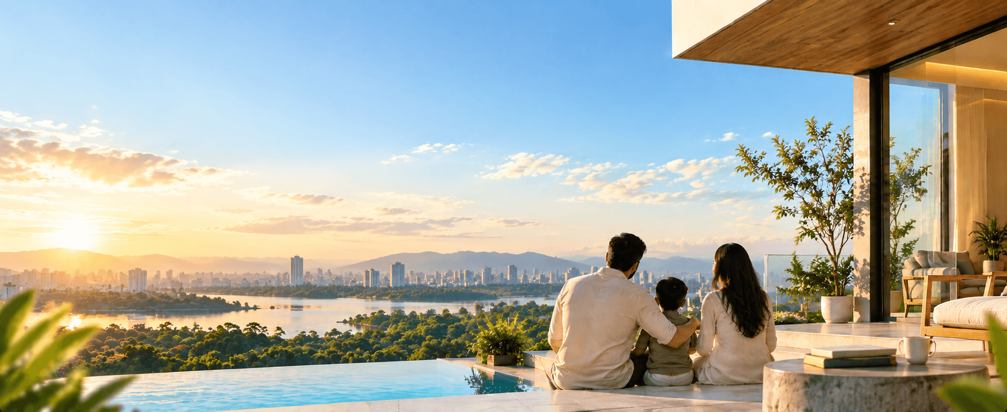 A family looking out at a city skyline from their new home
